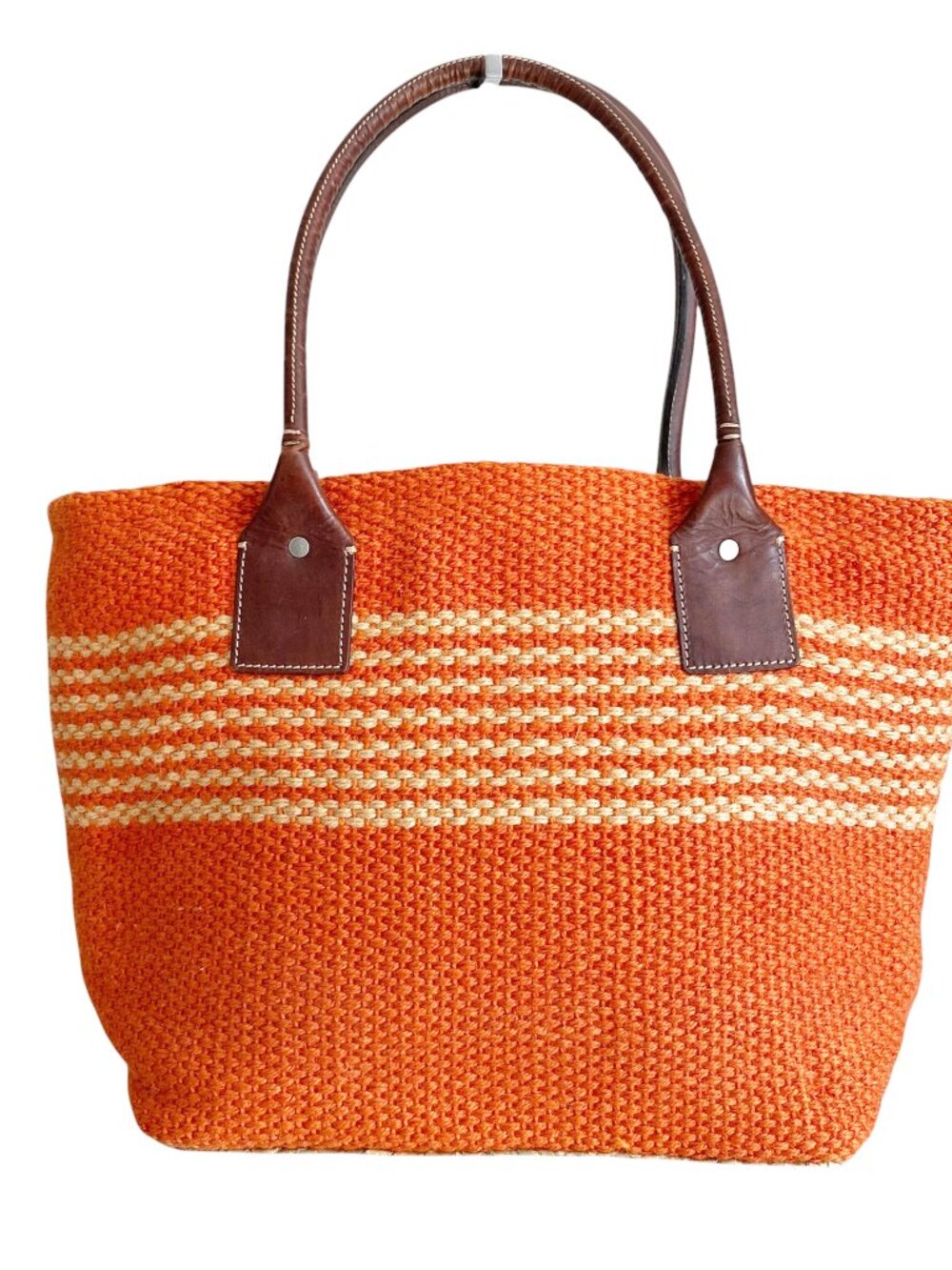 Vtg GAP Orange Straw Jute Bag Farmers Market Tote Leather Straps Striped - Picture 2 of 10